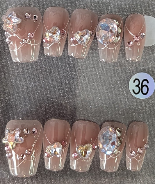Pink Mocha Crystal Heart Press-On Nails
