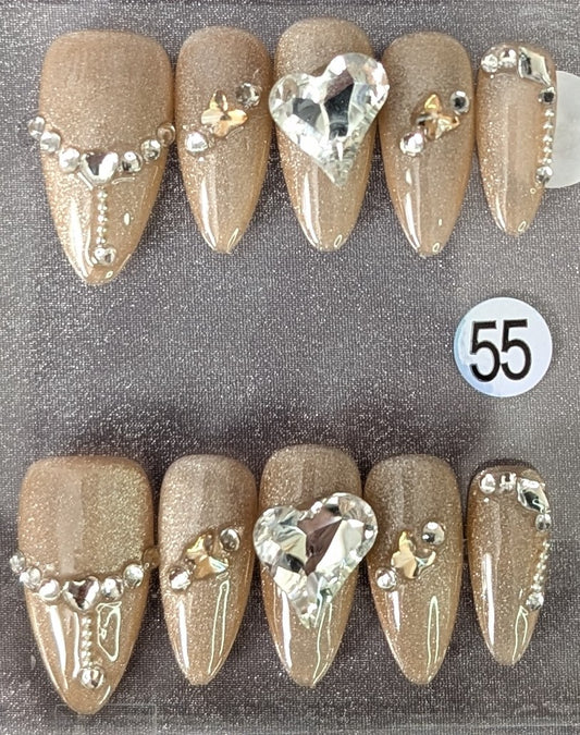 Set #55 – Champagne Crystal Heart Nails