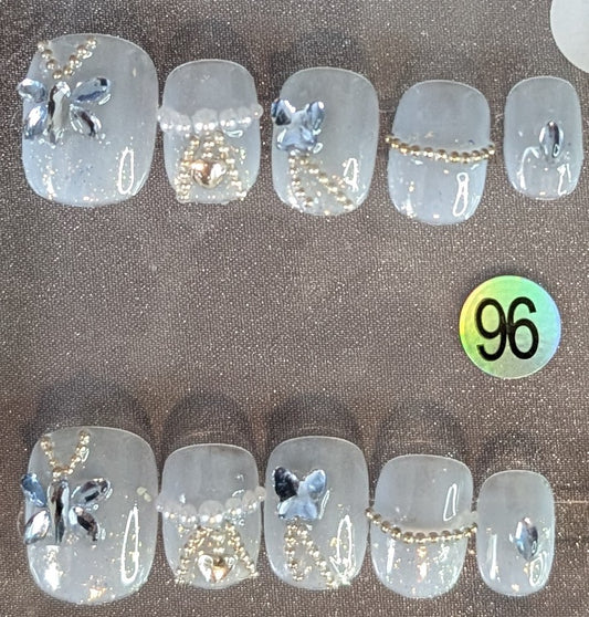 Style #96 – Silver Blue Butterfly & Chain Accent Press-On Nails