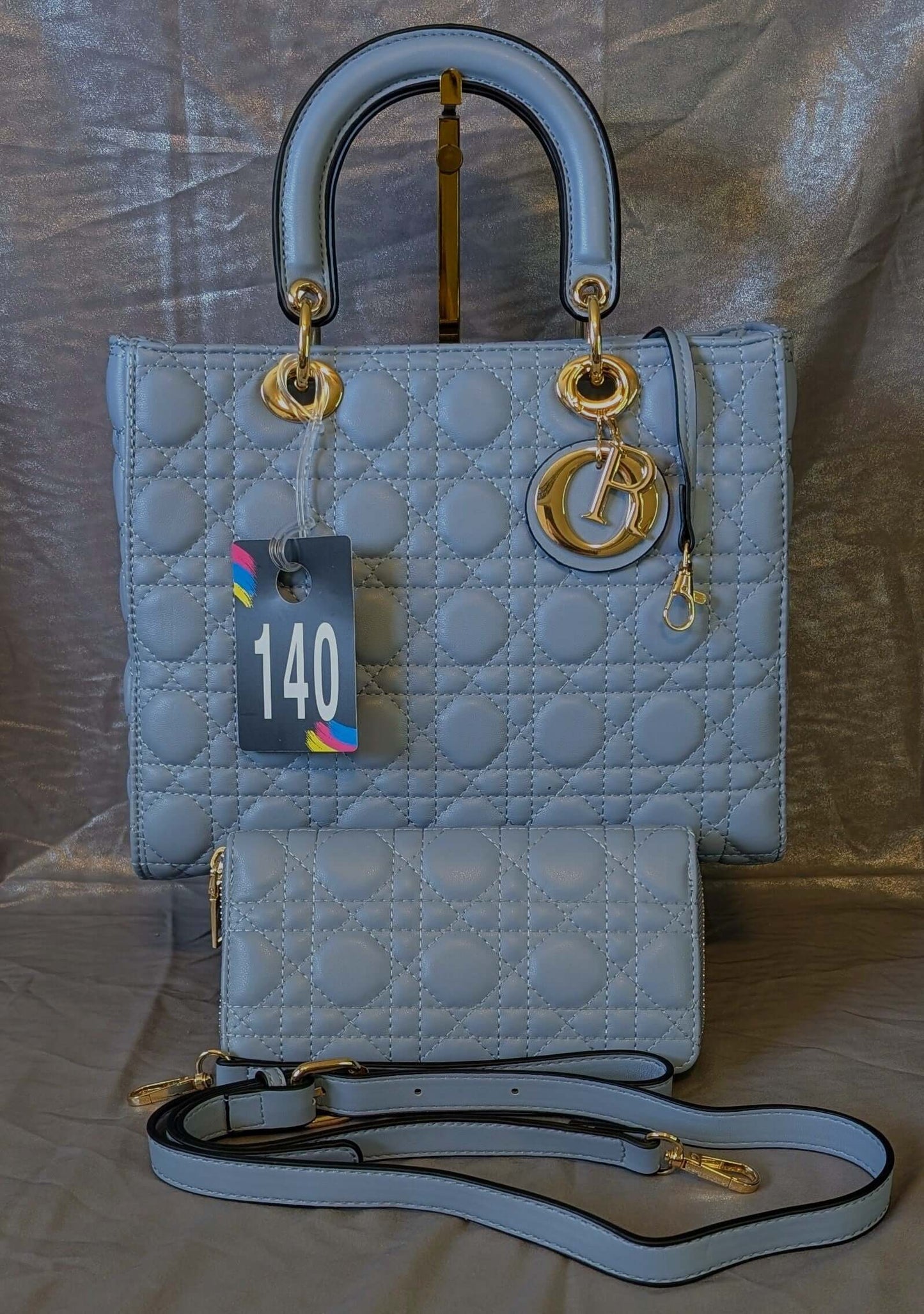 Elegant Quilted Tote & Wallet Set – Sky Blue with Gold Accents