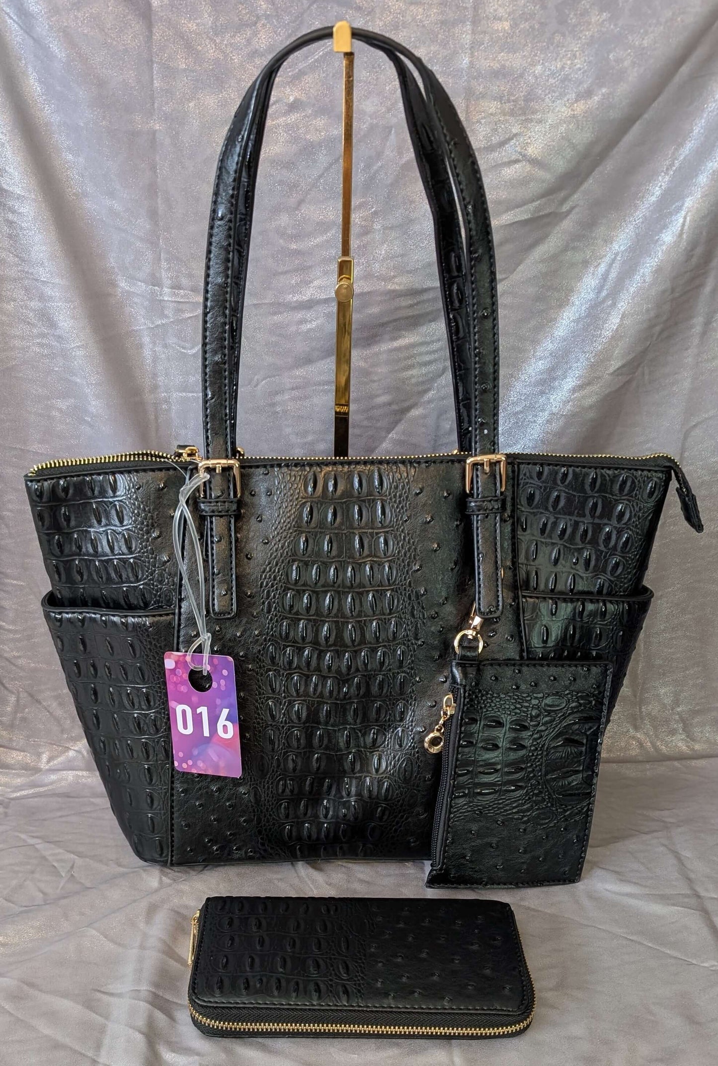 Luxe Black Croc-Embossed Tote & Wallet Set – Gold Hardware