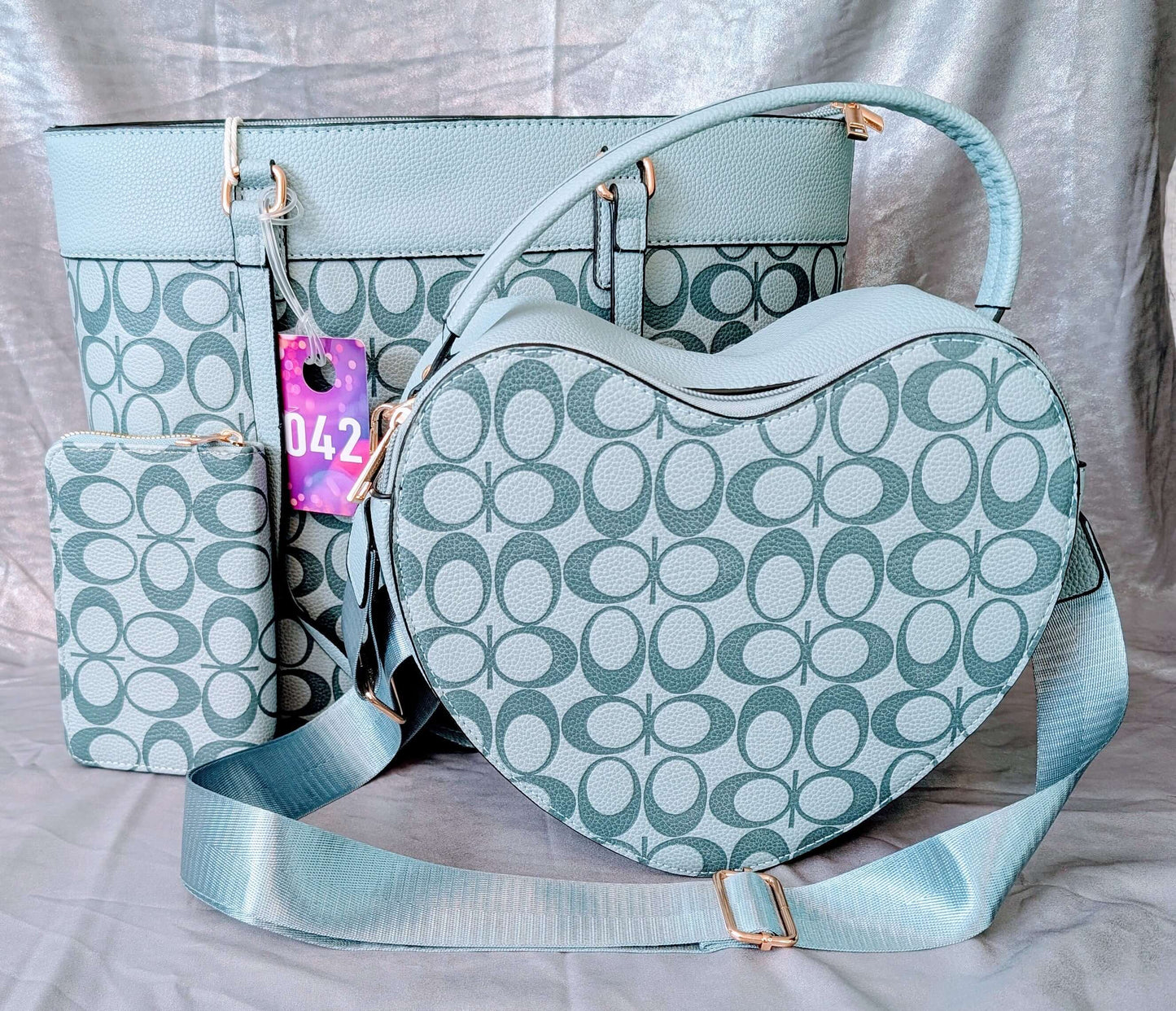 Signature Print 3-Piece Set – Tote, Heart Crossbody & Wallet (Sky Blue)