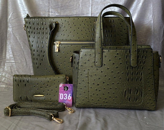 Olive Croc Embossed 3-Piece Bag Set
