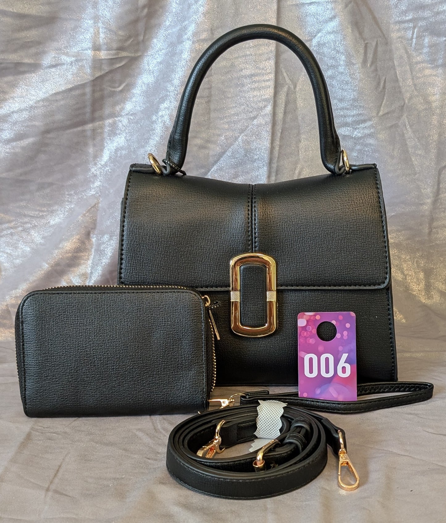Black Structured Gold Buckle Handbag Set