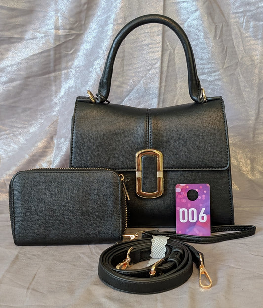 Black Structured Gold Buckle Handbag Set