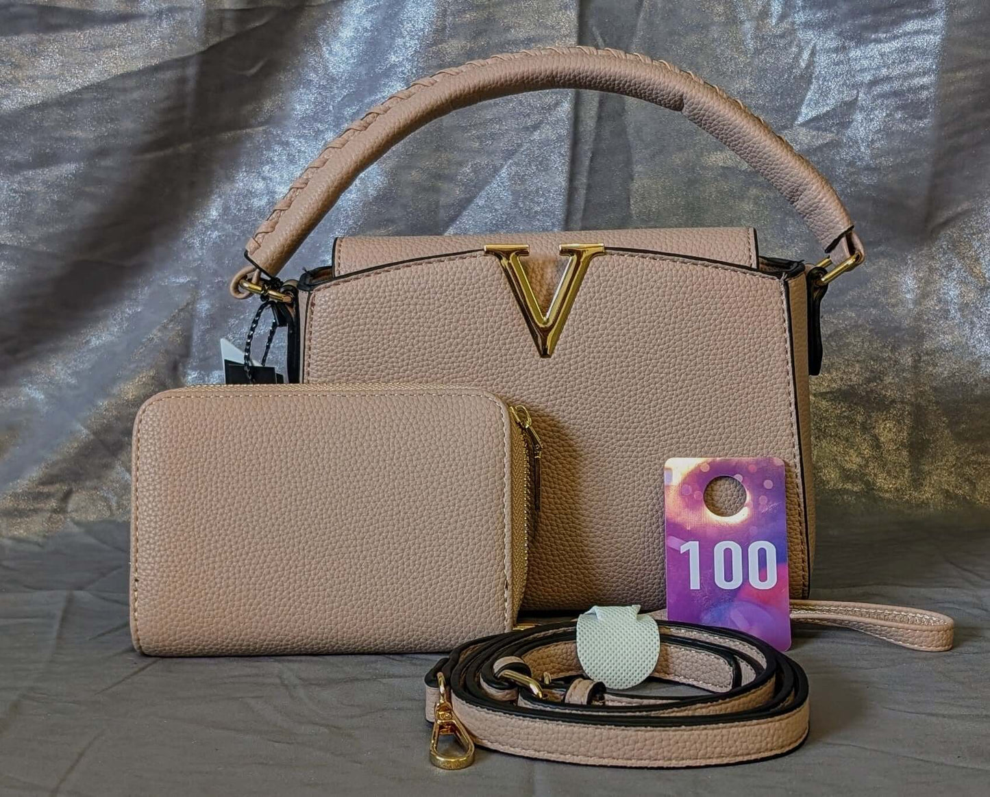 Beige V Handbag & Wallet Set featuring a luxurious faux leather design with gold-tone 'V' detail.