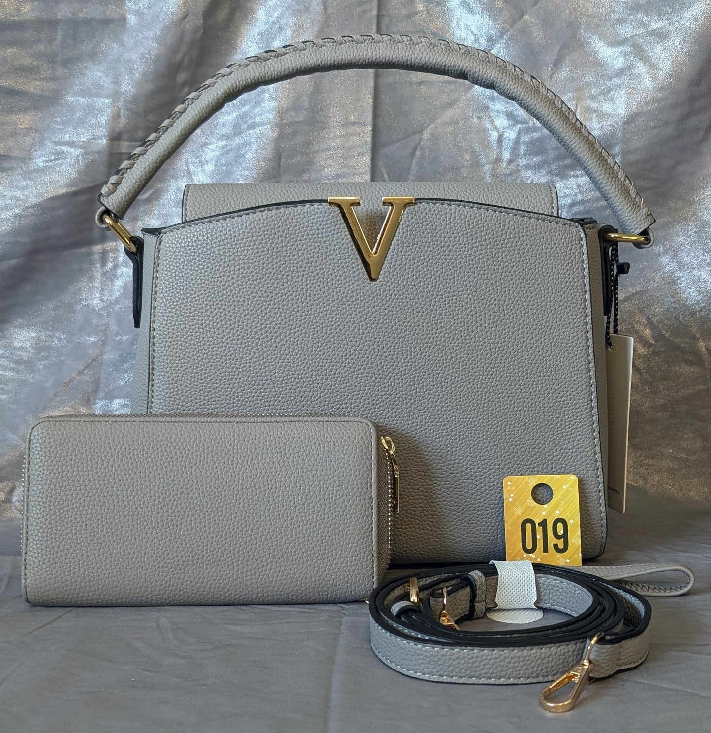Gray “V” Designer-Inspired Handbag & Wallet Set