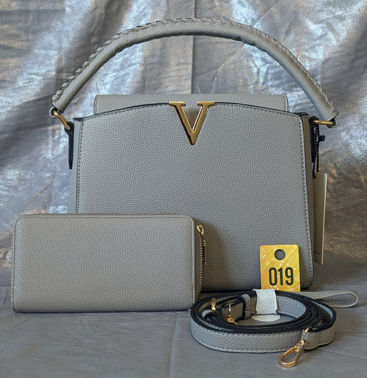 Gray “V” Designer-Inspired Handbag & Wallet Set