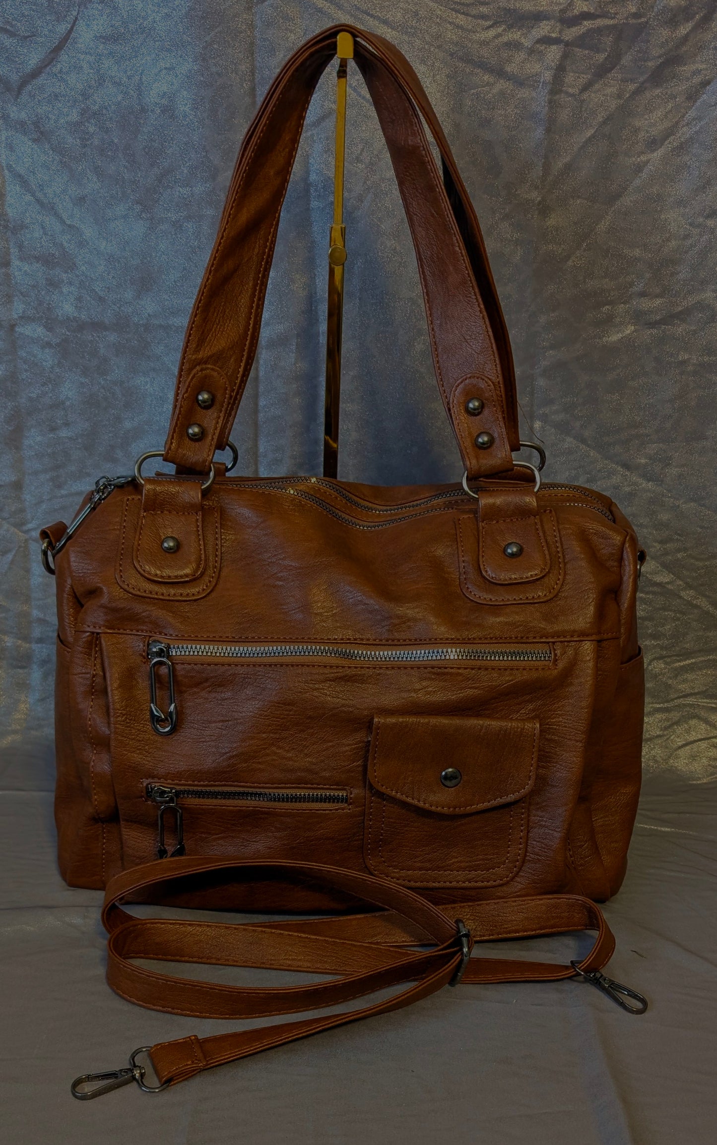 Rustic Cognac Multi-Pocket Shoulder Bag