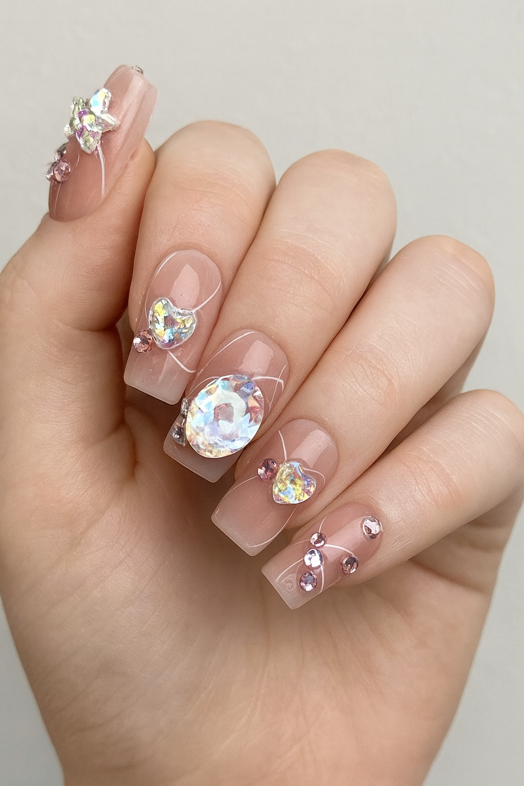 Pink Mocha Crystal Heart Press-On Nails