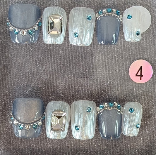 Icy Blue Rhinestone Press-On Nail Set – Style #4