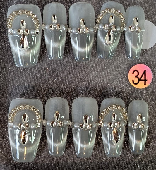 Elegant Gray Chrome Press-On Nails – Rhinestone & Pearl Glam Set