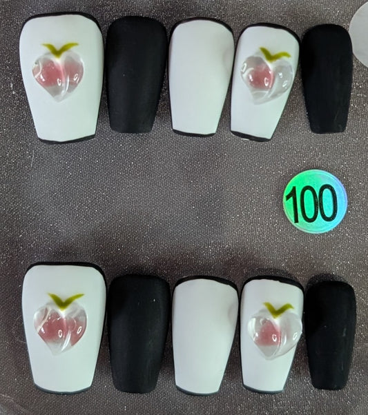 Black & White Peach Heart Press-On Nails
