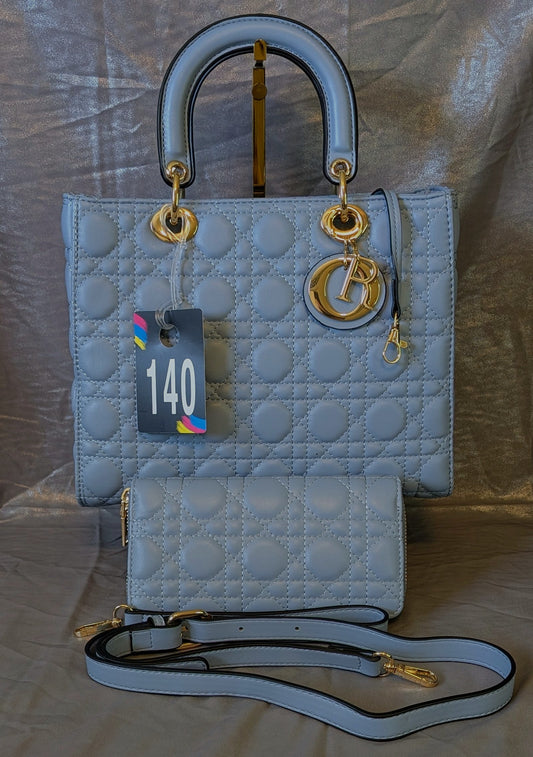Elegant Quilted Tote & Wallet Set – Sky Blue with Gold Accents