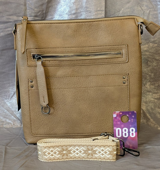 Tan Crossbody Bag with Pattern Strap
