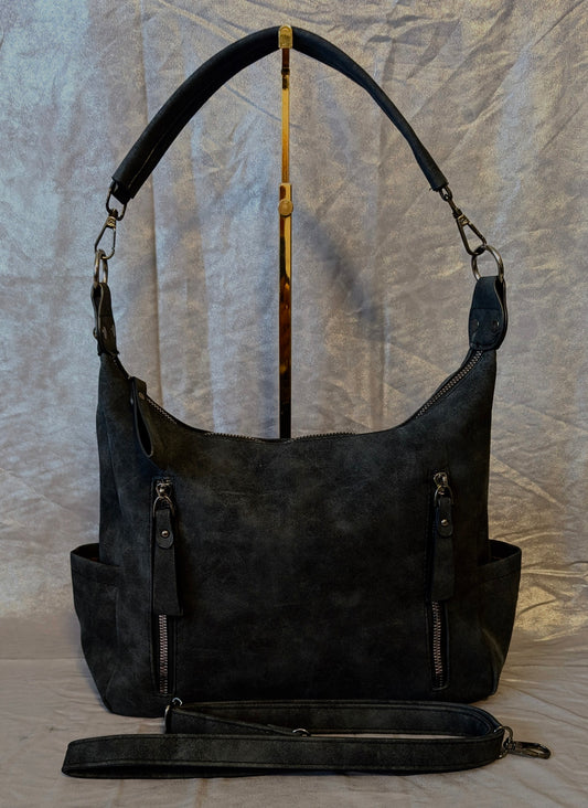Soft-Touch Washed Faux Leather Shoulder Bag Black
