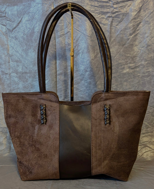 Two-Tone Chocolate Suede & Leather Tote Bag