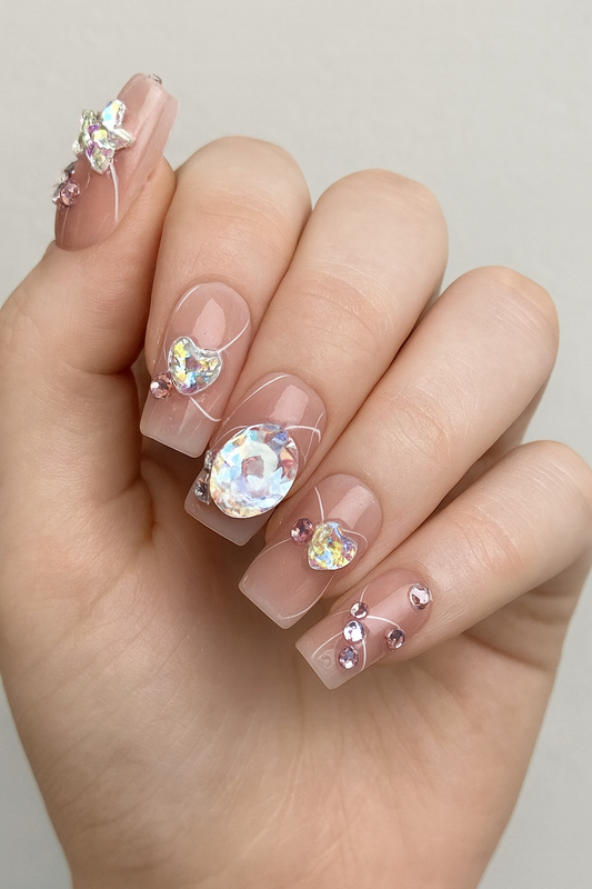 Pink Mocha Crystal Heart Press-On Nails